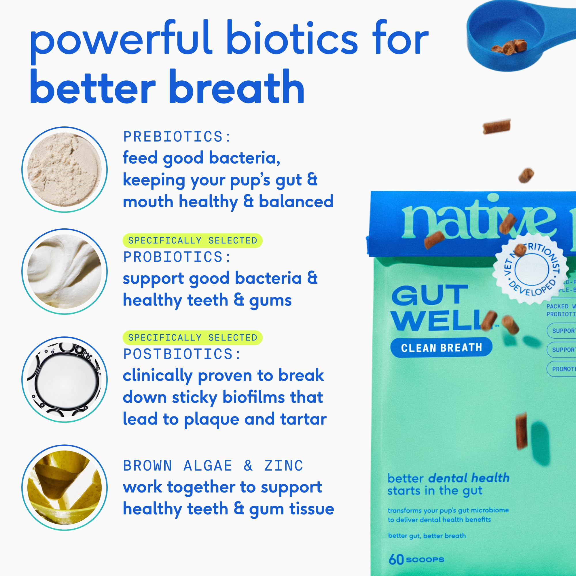 Native Pet GutWell Clean Breath - Dog Breath Freshener & Dog Teeth Cleaning Powder Cold-Pressed to Reduce Plaque, Tartar & Promote Oral Health with Triple-Biotic Blend, Brown Algae & Zinc - 60 Scoops - Image 6